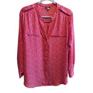 Simply Emma Button Up Red White V-Neck Long Sleeve Roll Tab Sleeve Plus Sz 1X